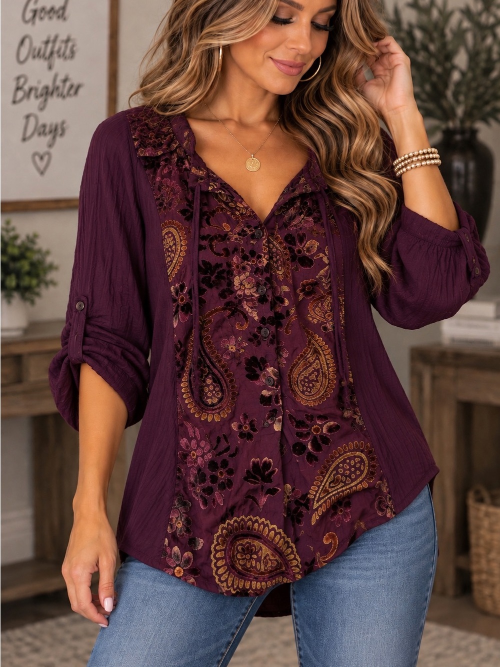 RXB size XL Women's Plum Paisley Button-Front Blouse
